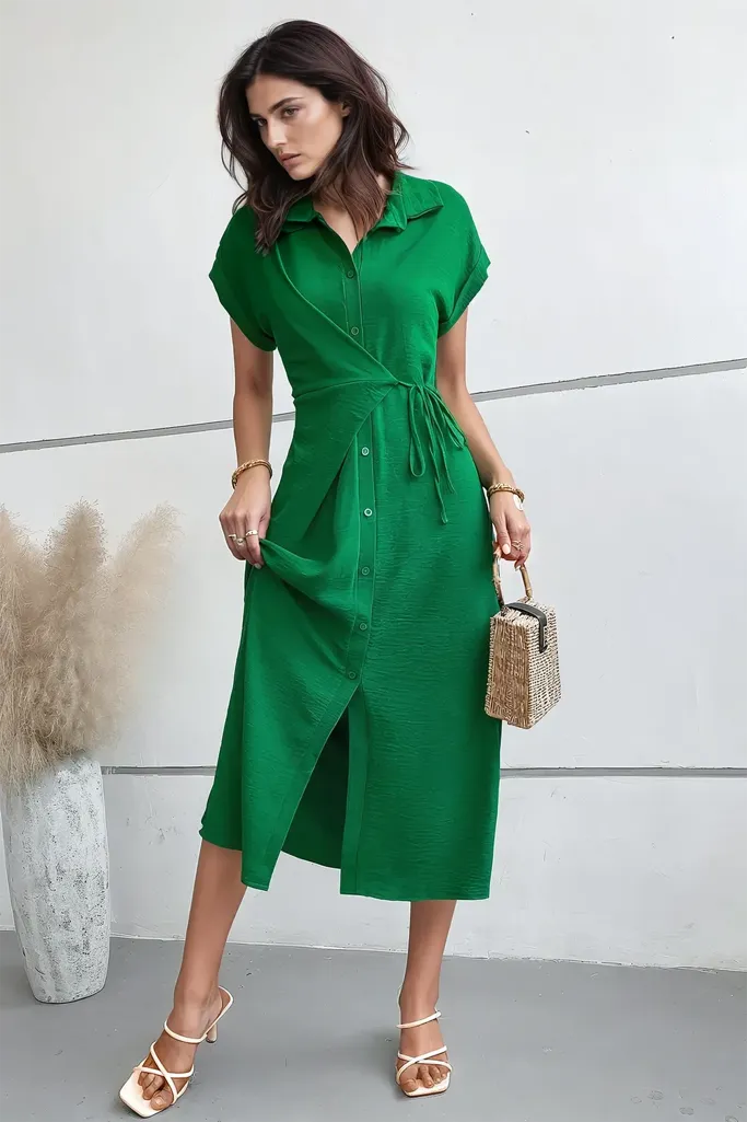 Green Solid Wrapped Shirt Dress - Image 1