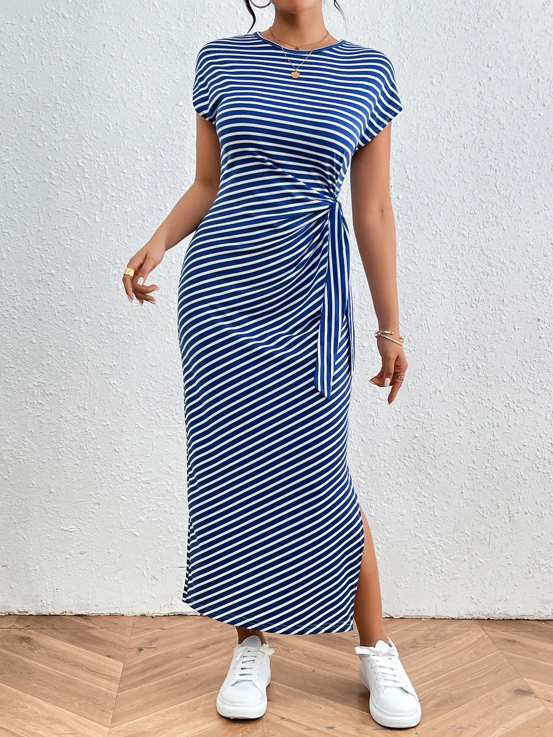 Dark Blue Striped Tshirt Maxi Dress