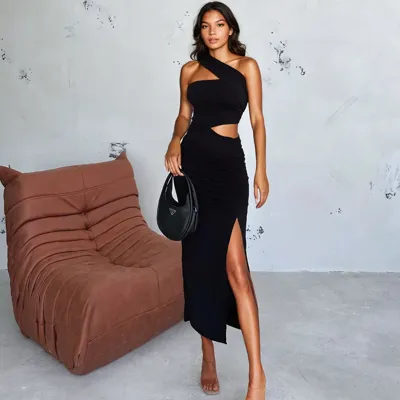 solid one shoulder bodycon dress Sexy Solid Color Ruched One Shoulder Midi Bodycon Dress