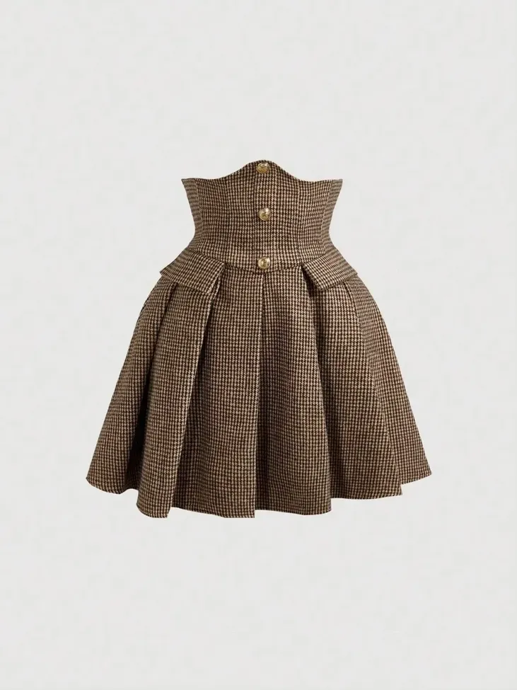 Brown Pin Check Pleated Skirt - Image 1