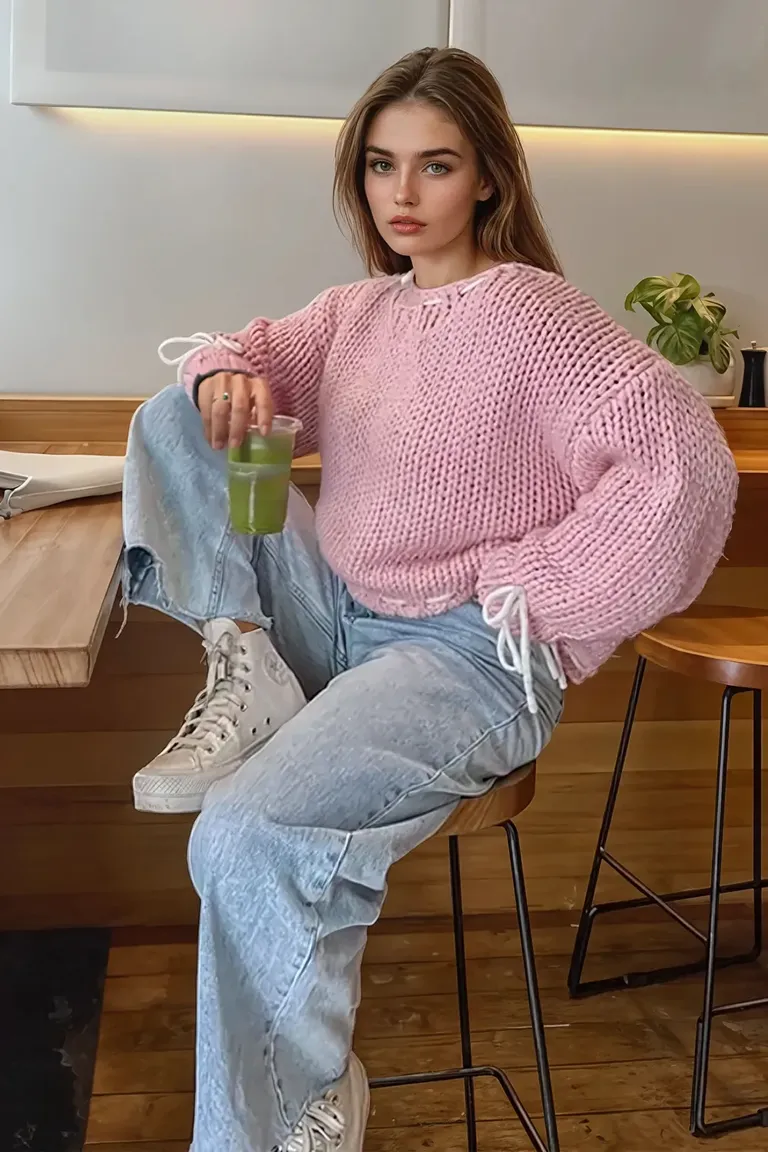 Light Pink Solid Tie Up Detail Sweater Top - NEWME