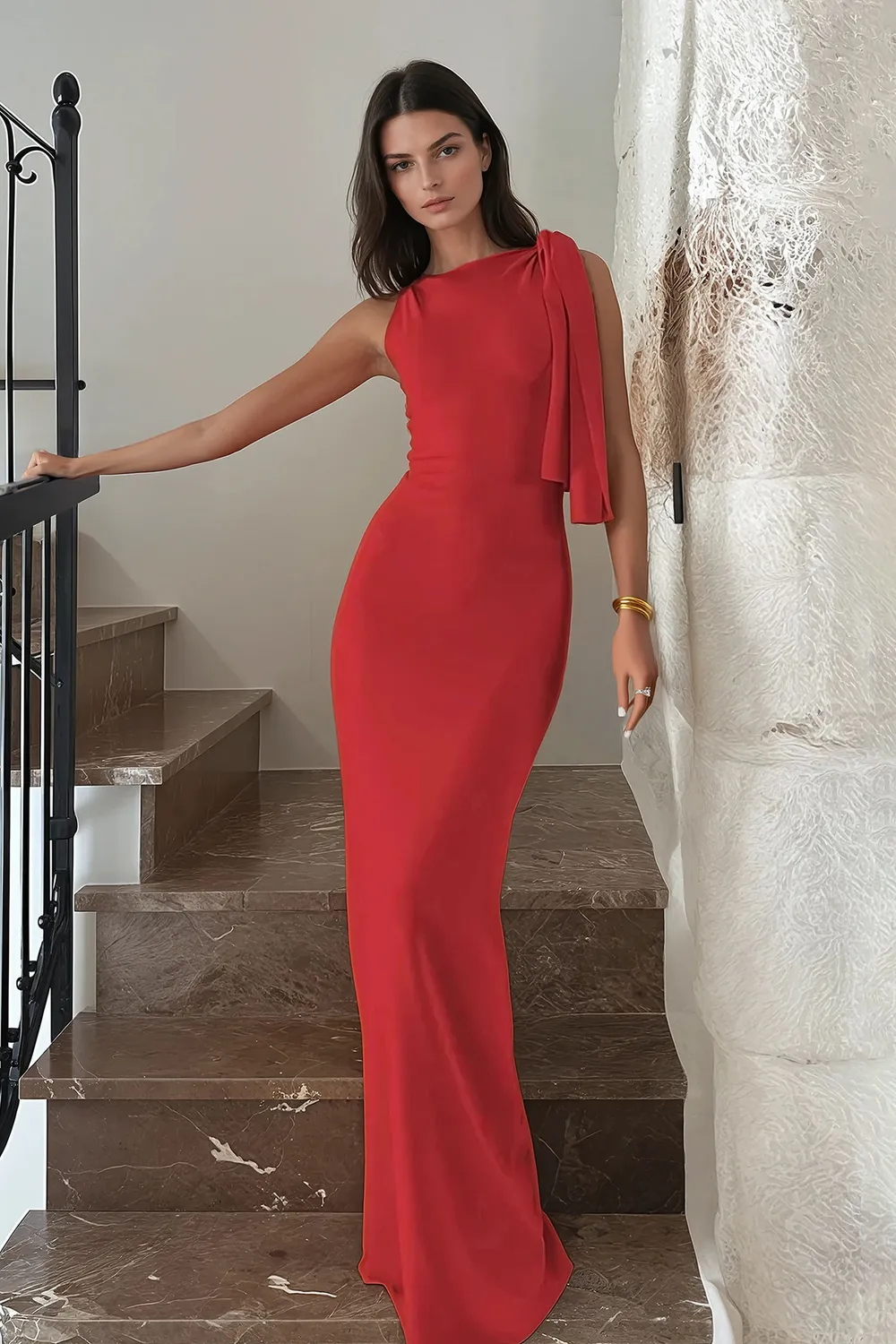 Red Solid Tie Up Detail Maxi Dress