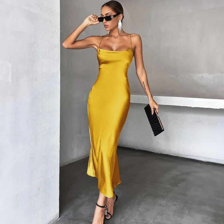 Mustard Solid Tie Up Detail Maxi Dress - Image 1