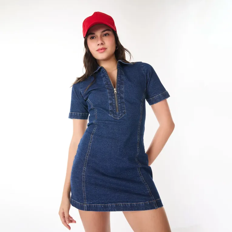 Blue Solid Denim Mini Dress - Image 1