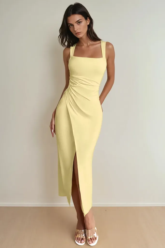 Yellow Draped Square Neck Dress - Image 1