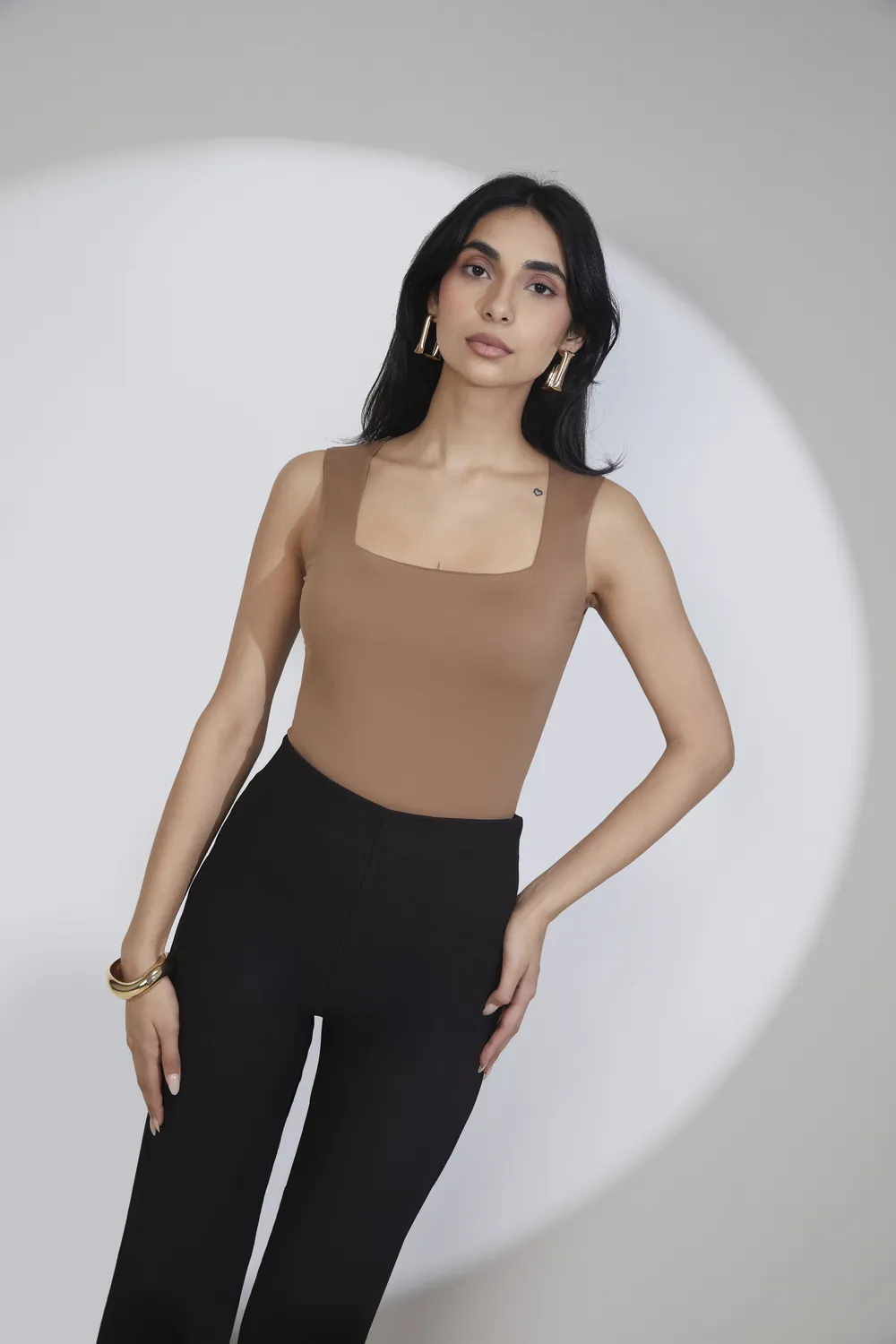 Light Brown Solid Square Neck Top
