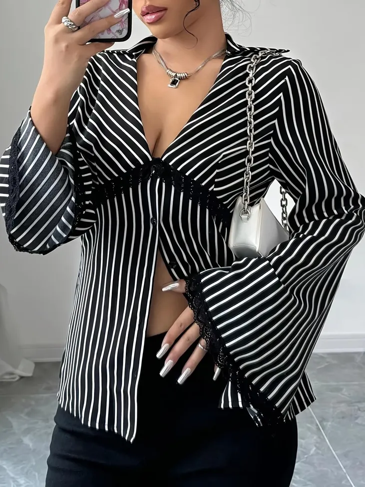 Black Striped Lace Detail Top - Image 1