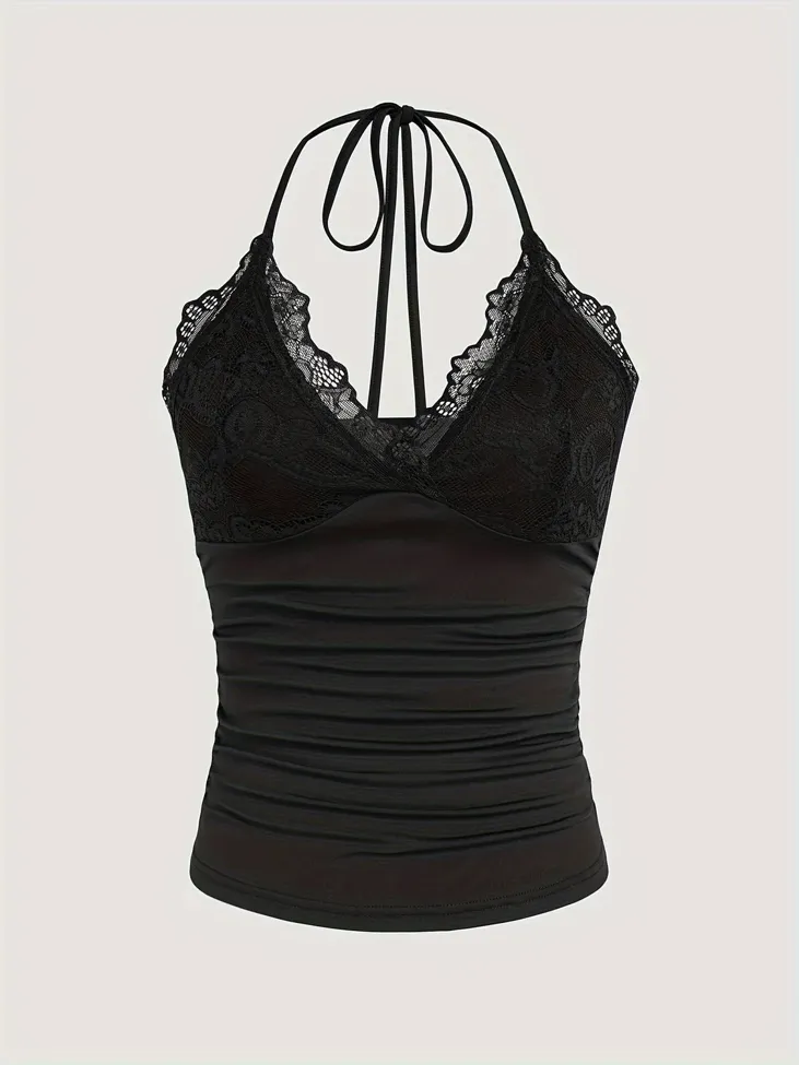 Black Lace Detail Halter Neck Crop Top - Image 1