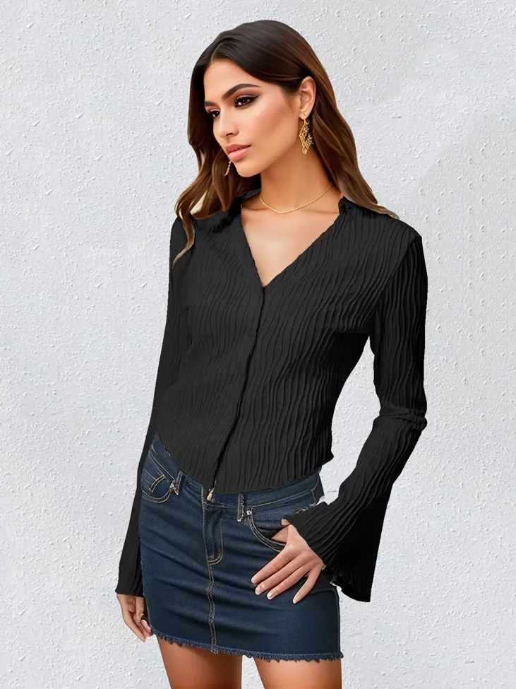 Black Flared Sleeve Shirt Style Top - Image 1