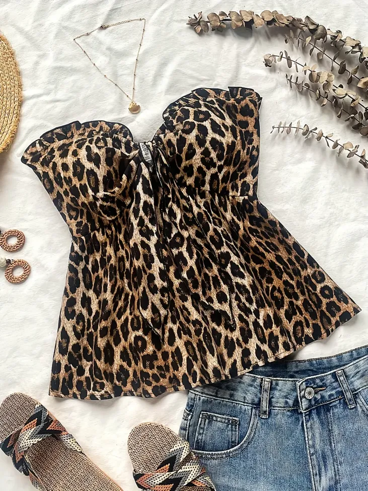 Brown Leopard Print Peplum Top - Image 1