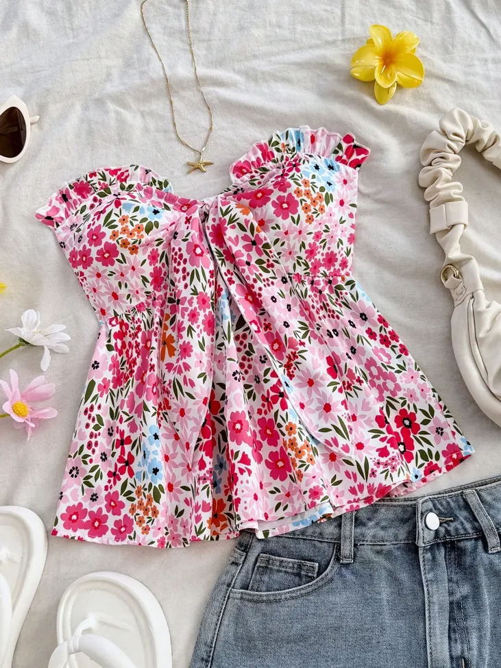 Red Floral Sweetheart Top - Image 1
