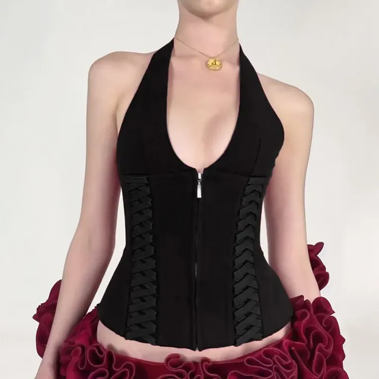 Black Zipper Lace Halter Top - Image 1