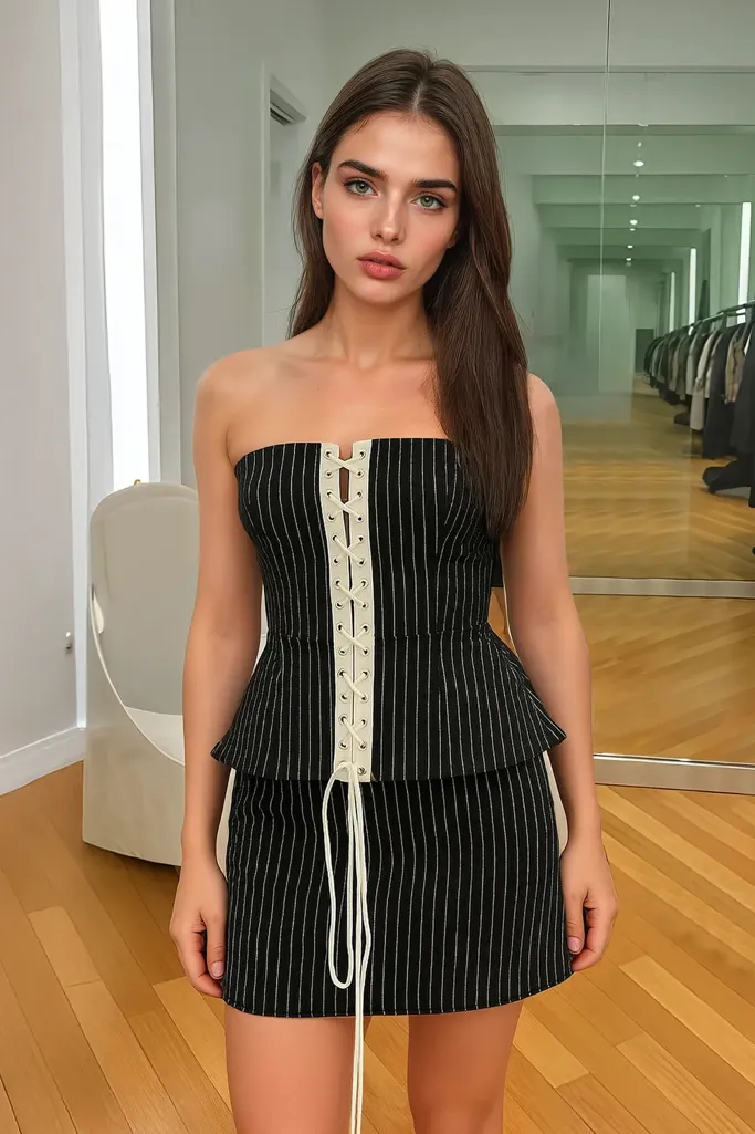 ANDRÉSD pinstripe peplum setup dress Pinstripe Peplum Top With Skirt - NEWME