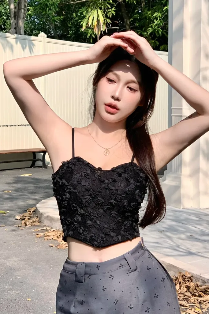 Black Textured Semi Sweetheart Top - Image 1
