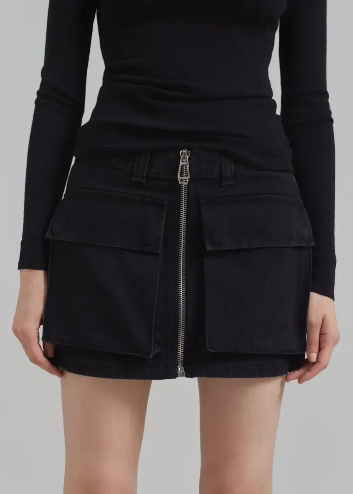 Zipper Up Denim Skirt With Flap Pockets - Image 1
