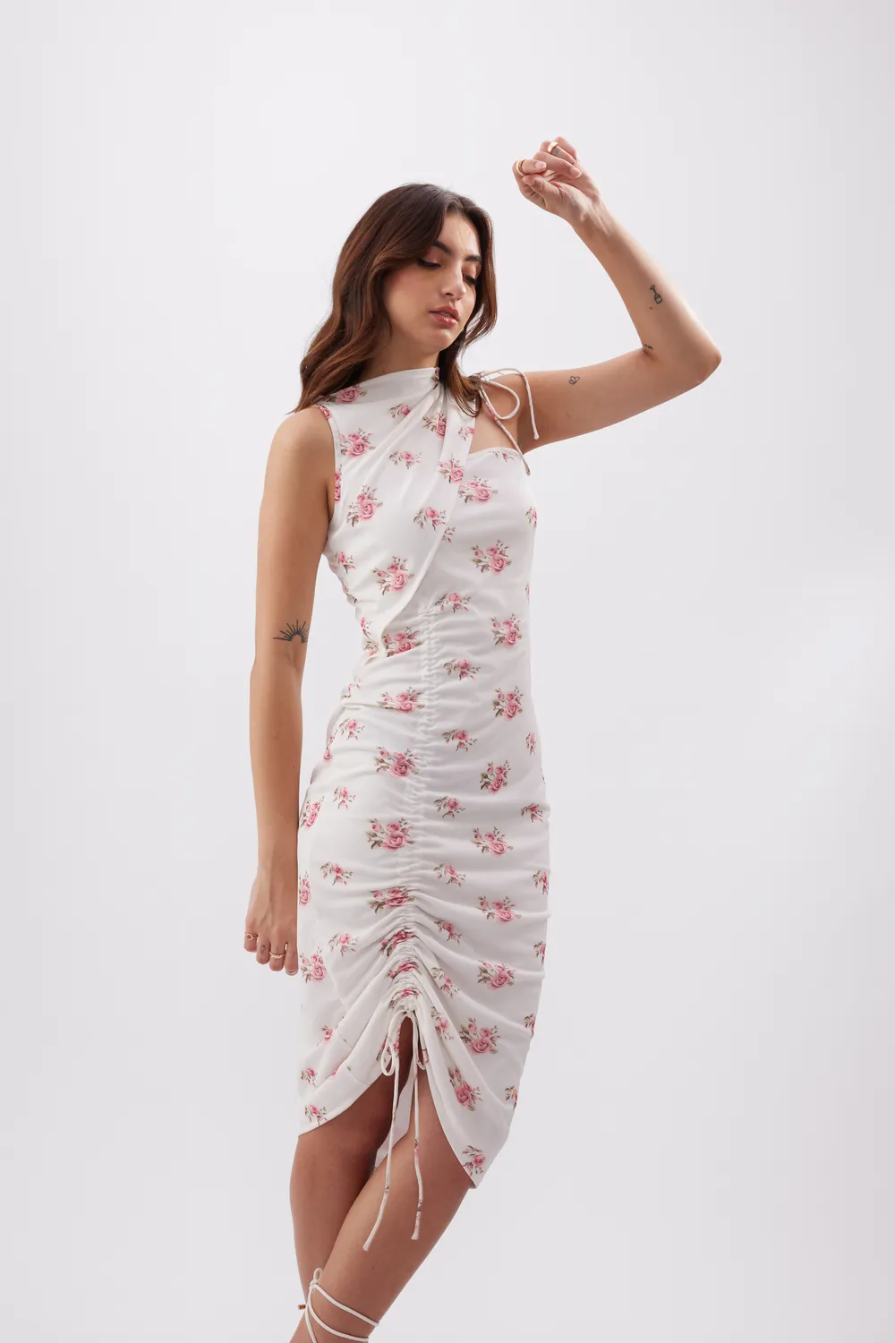 White Floral Printed Gathered Midi Dress