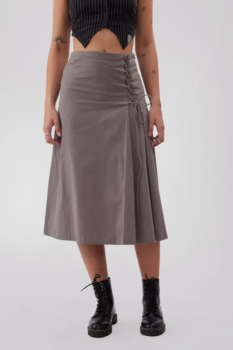 Grey Drawstring Pleated Midi Skirt - NEWME