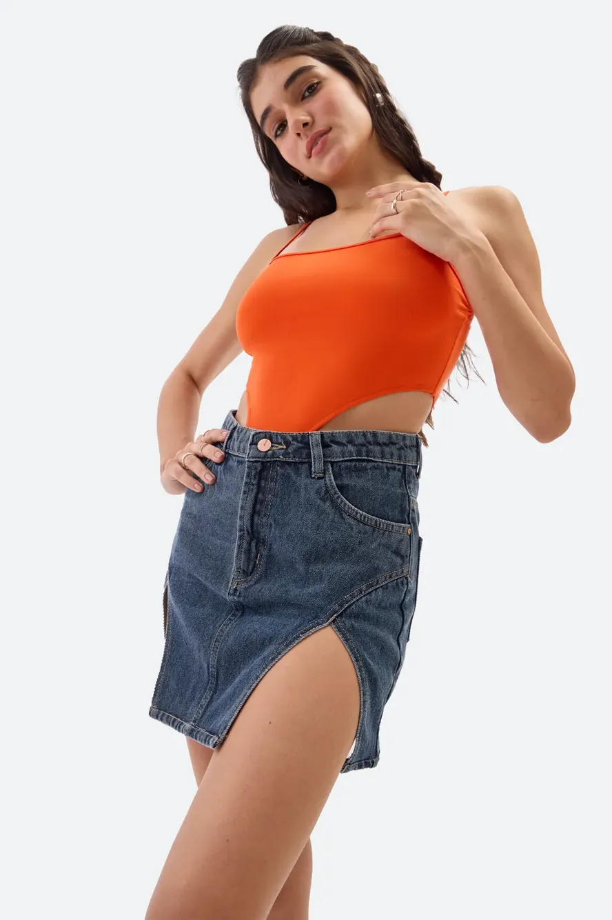 Dark Blue Denim Slit Skirt - NEWME