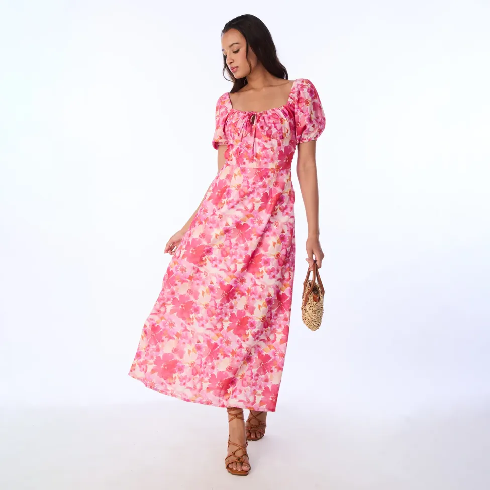 Pink Floral Puff Sleeves Maxi Dress - NEWME