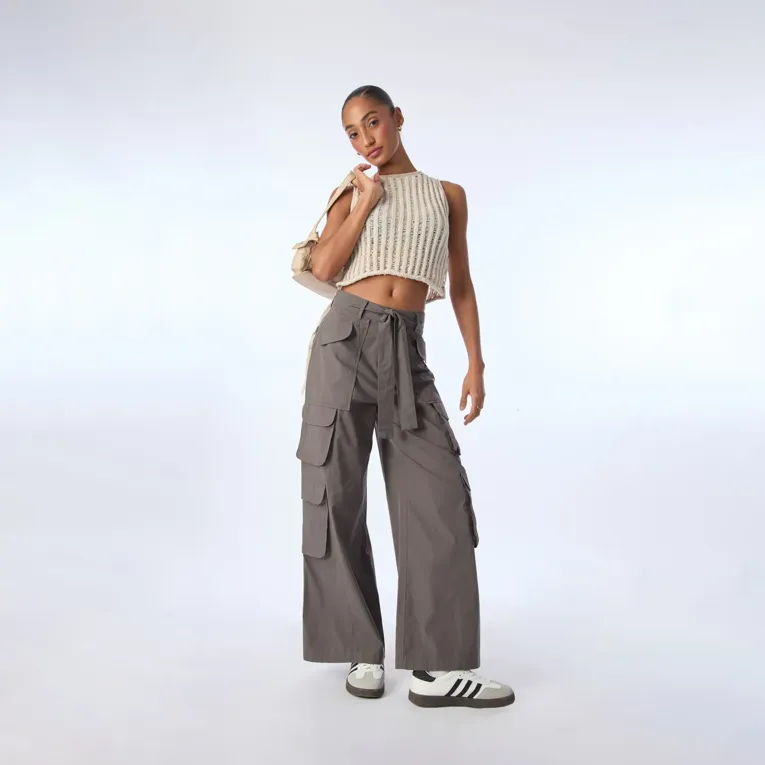 Grey Solid Belted Cargo Trousers - Image 1