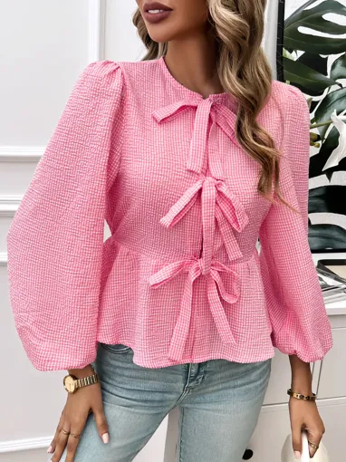 売れ筋商品|||セセ カットソー トップス レディース Women's Gingham Bow-Front Peplum Top Confetti Pink セセ レディース カットソー トップス Women's Gingham Bow
