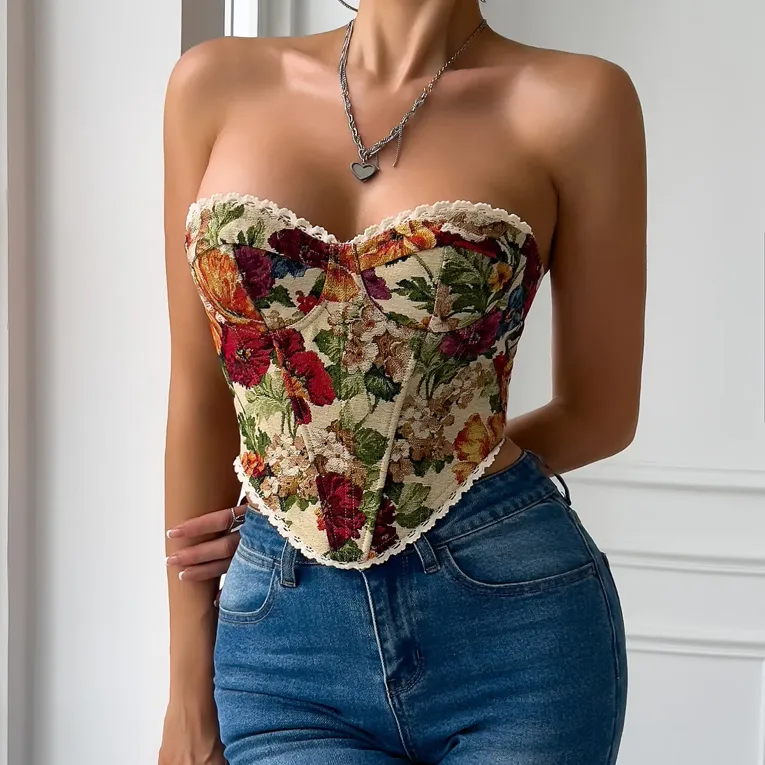 Beige Floral Lace Detail Corset Top - Image 1
