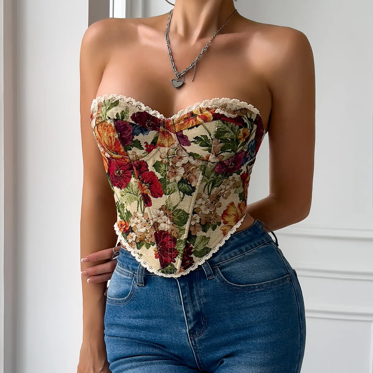 Beige Floral Lace Detail Corset Top