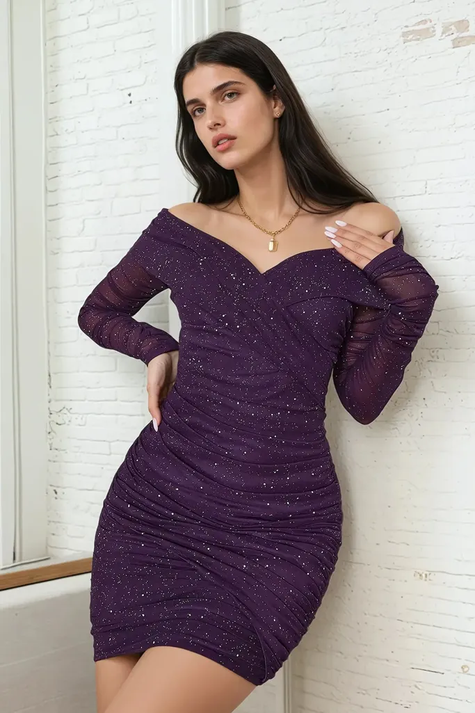 Purple Embellished Wrap Neck Dress - Image 1
