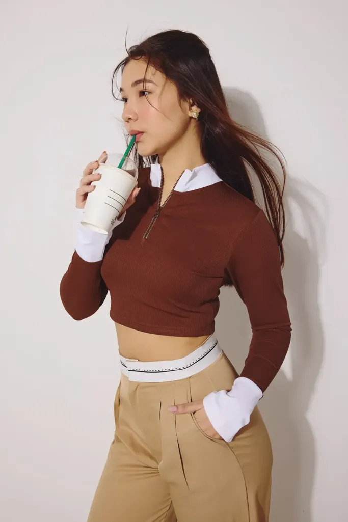 Brown High Neck Rib Top - NEWME