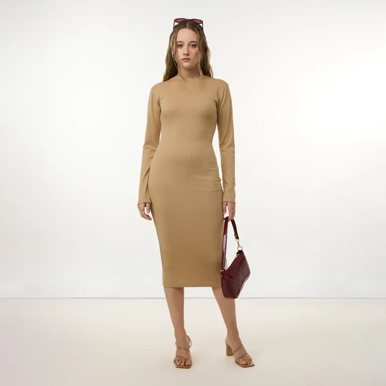 Beige Solid Midi Dress - Image 1