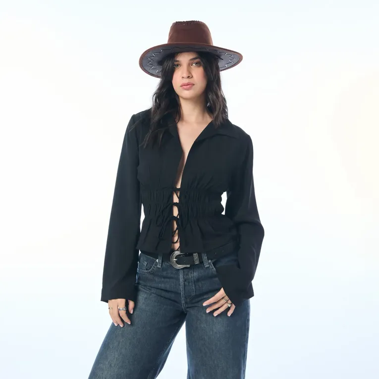 Black Solid Tie Up Detail Top - Image 1