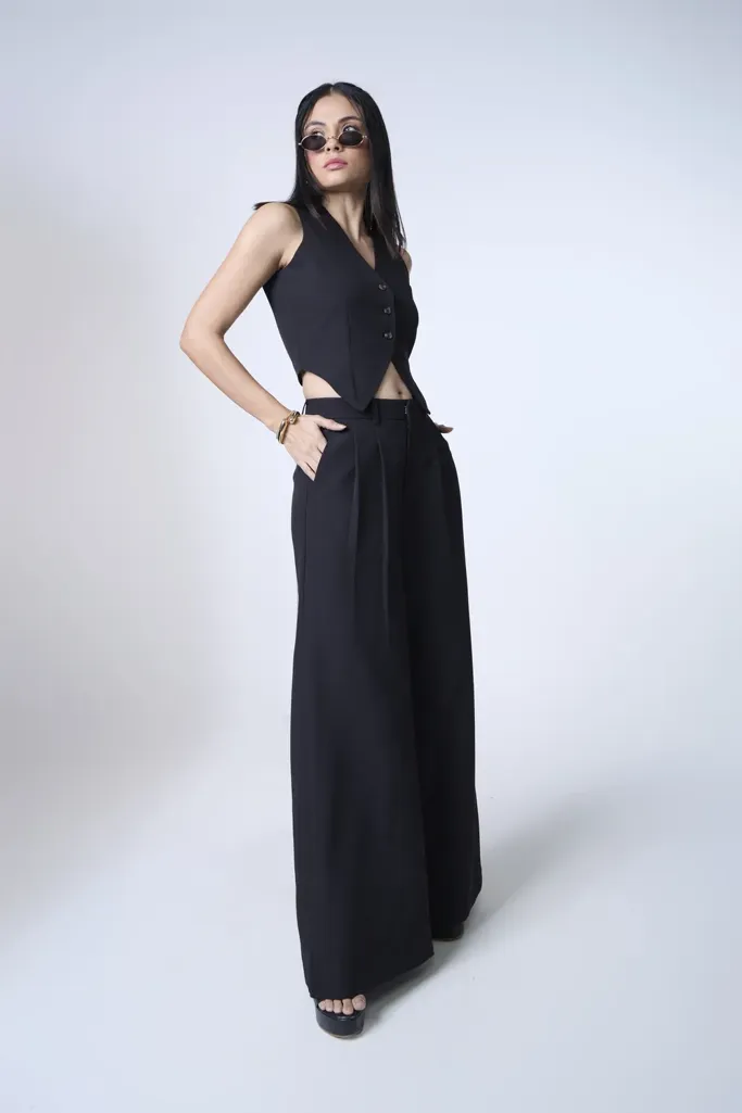 Black Solid Waist Coat Trouser Co-Ords - Image 1