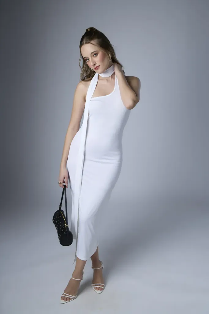 White Solid One Shoulder Bodycon Midi Dress - Image 1