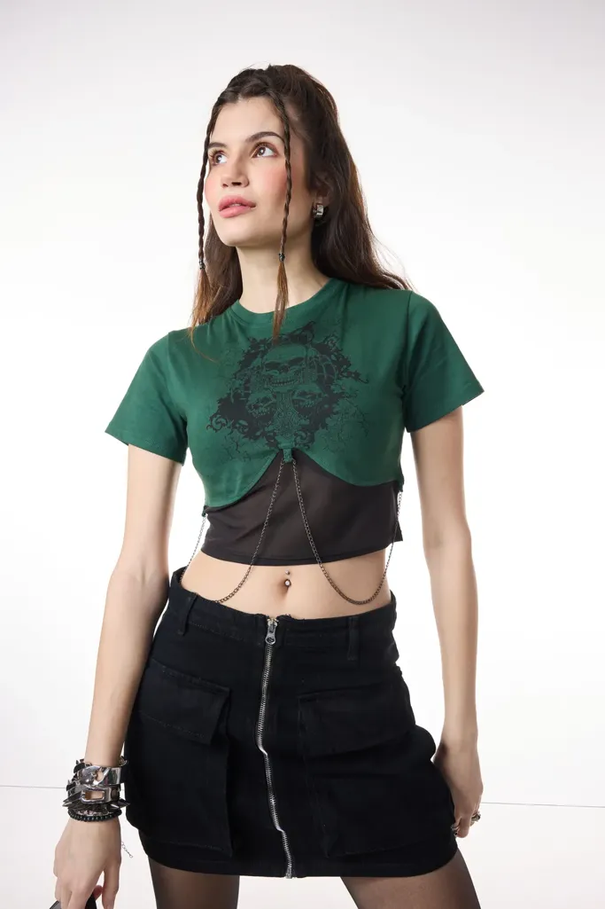 Dark Green Graphic Printed Stylised Crop Tshirt - Image 1