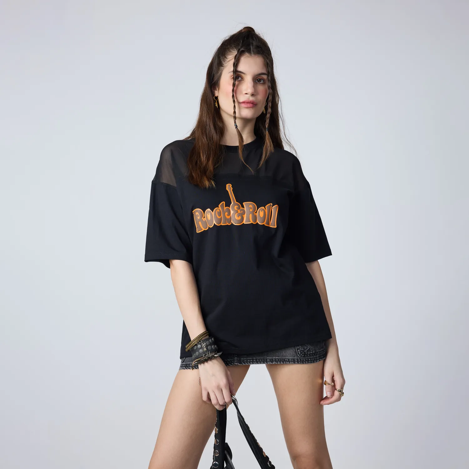 Black Mesh Graphic Printed Tshirt