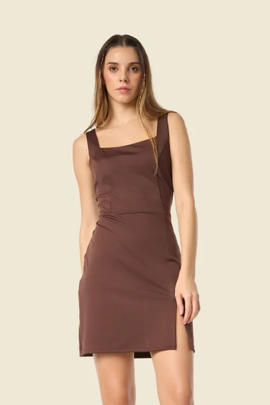 Brown Bodycon Dress With Tiny Slit - NEWME