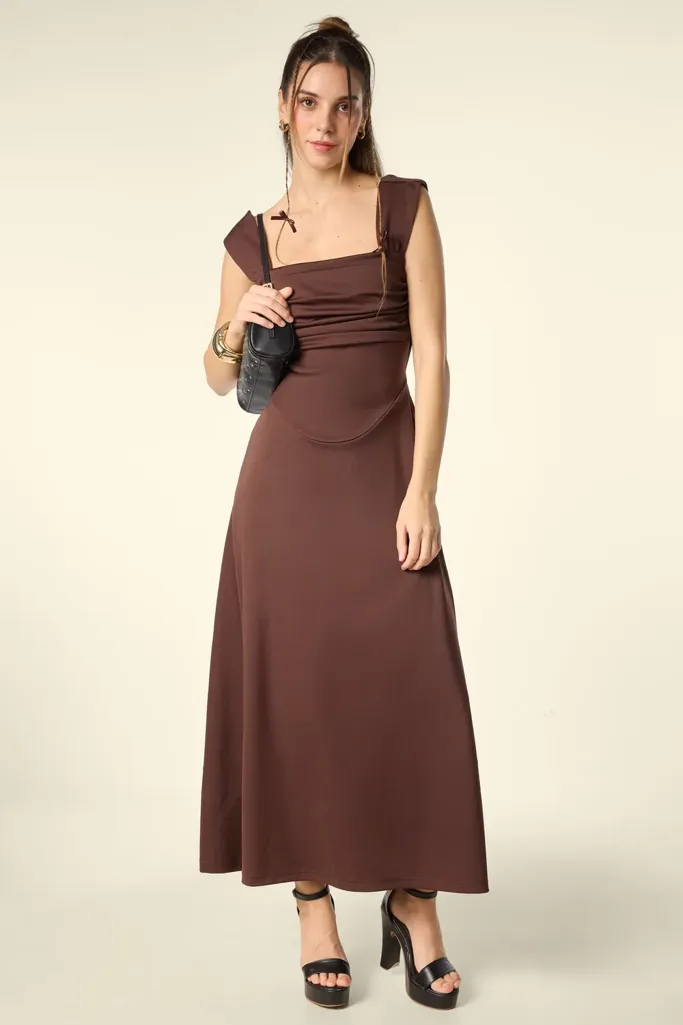 Brown Sleeves Skater Maxi Dress - Image 1