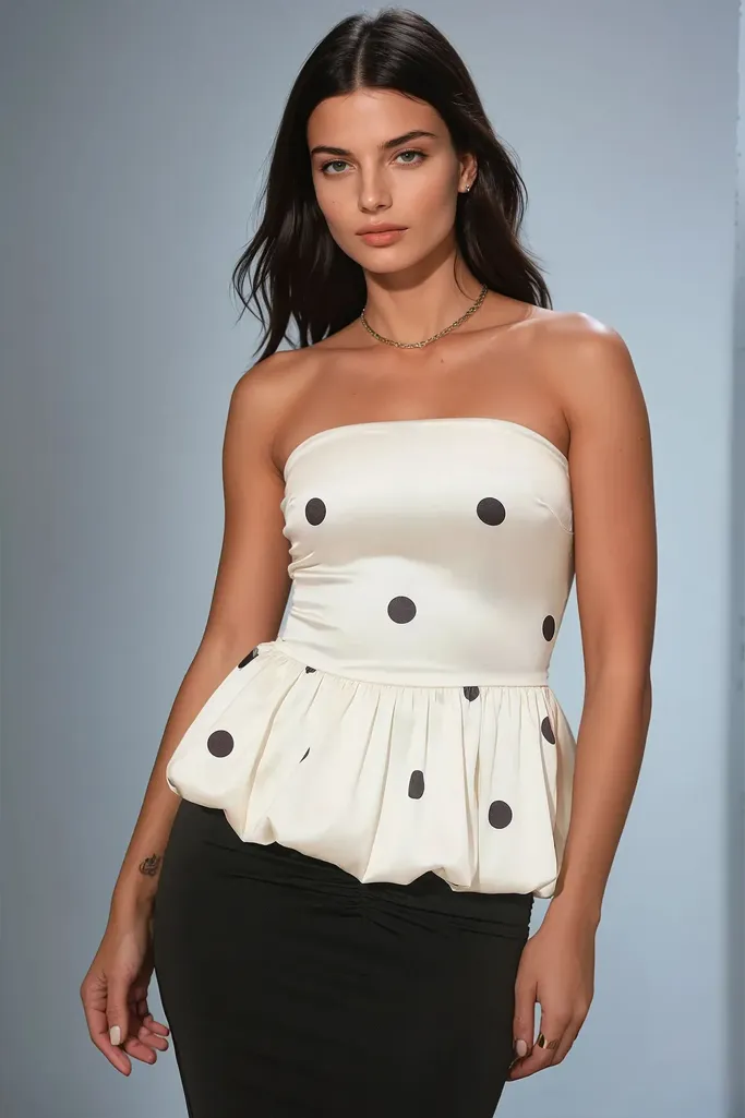 Off White Polka Dot Peplum Tube Top - Image 1