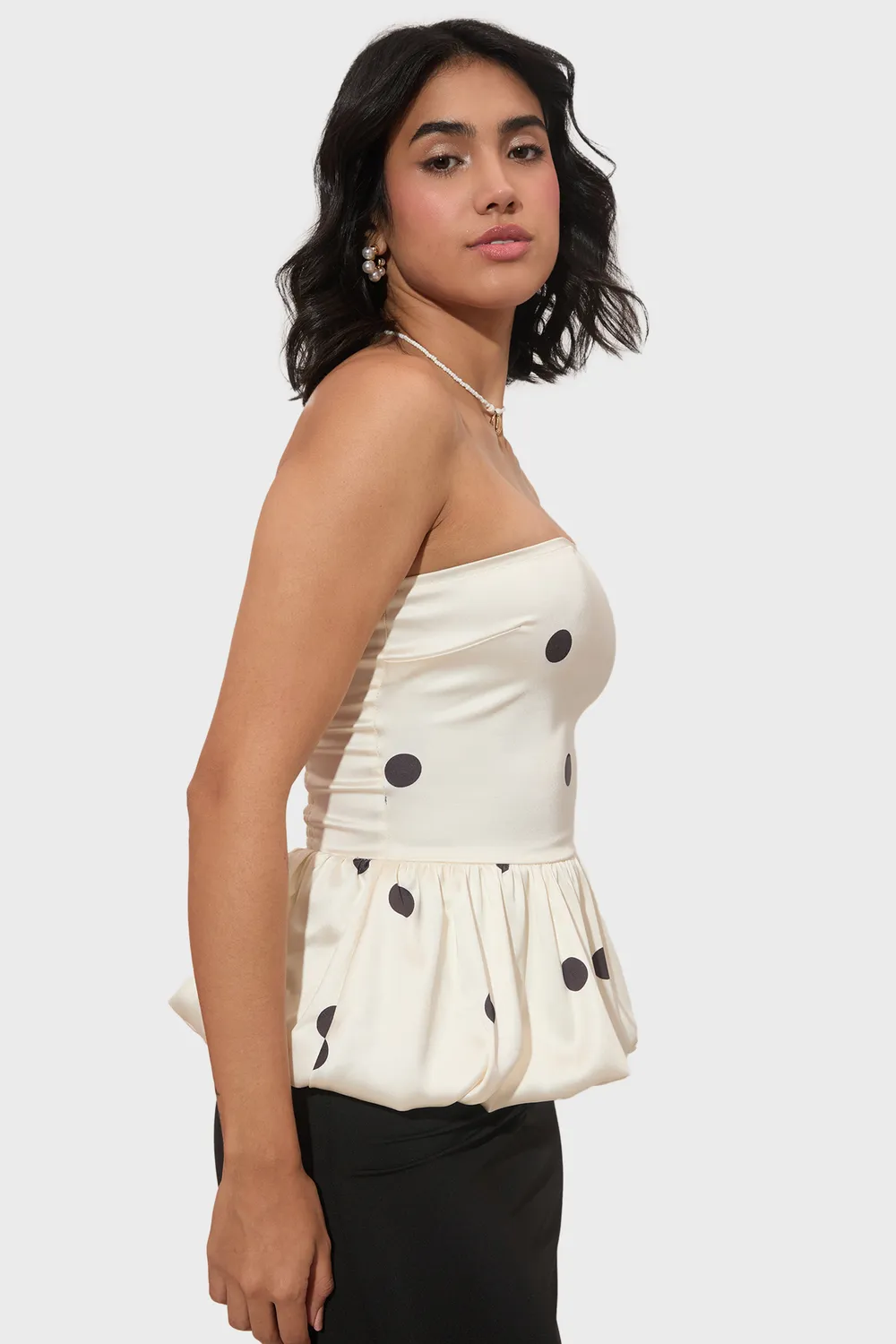 Off White Polka Dot Peplum Tube Top - NEWME