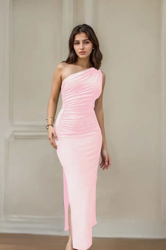 chinese dress ladies Soft Breeze One Shoulder Satin Maxi Dress Pink