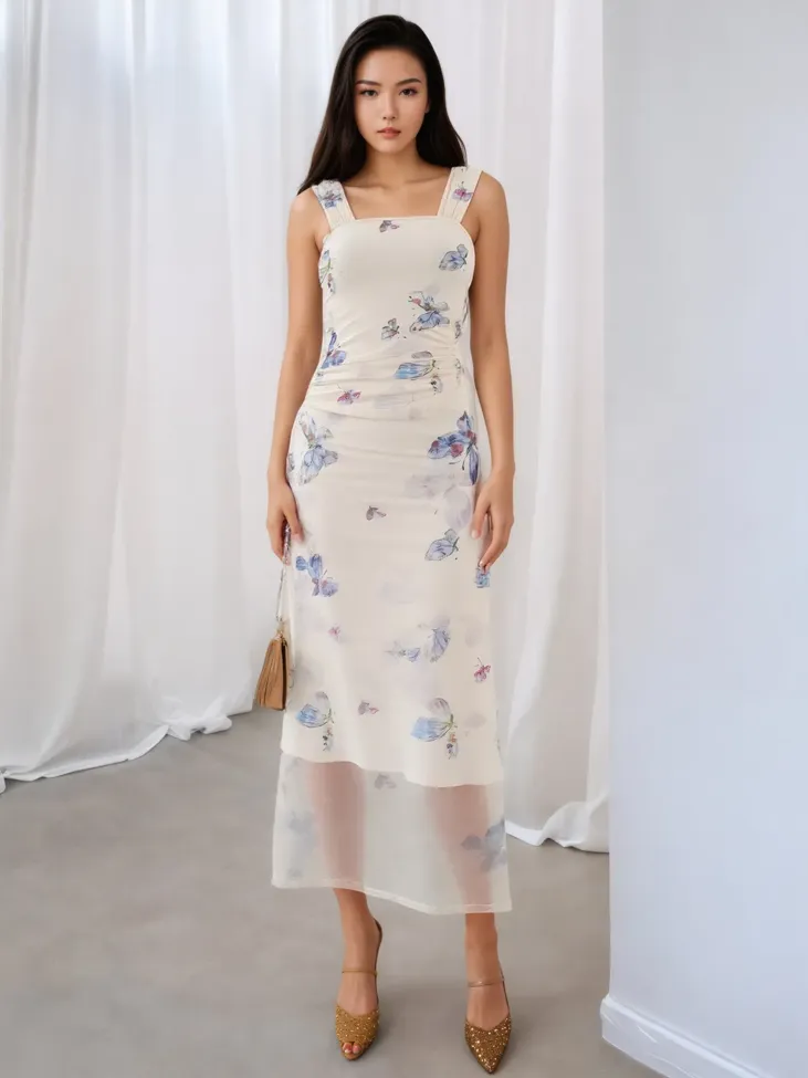 White Butterfly Print Midi Slip Dress - Image 1