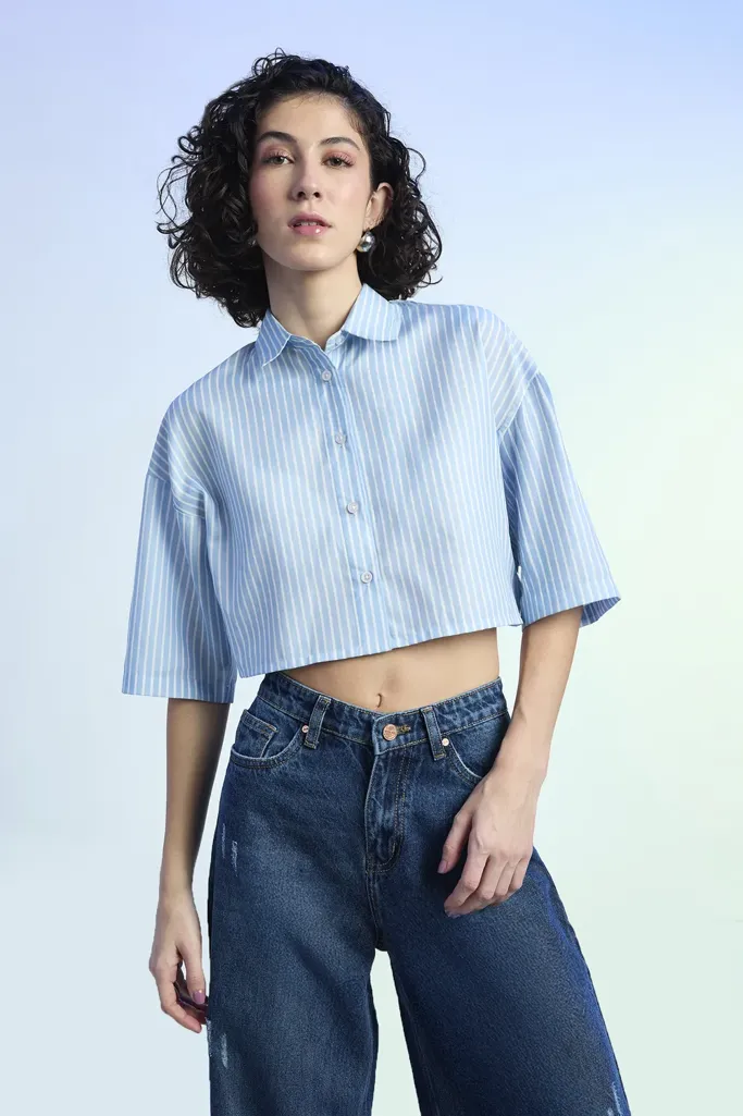 Blue Striped Crop Shirt - Image 1