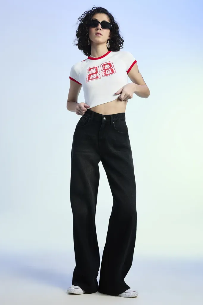 Black Washed High Rise Non Stretch Wide Leg Full Length Jeans - Image 1