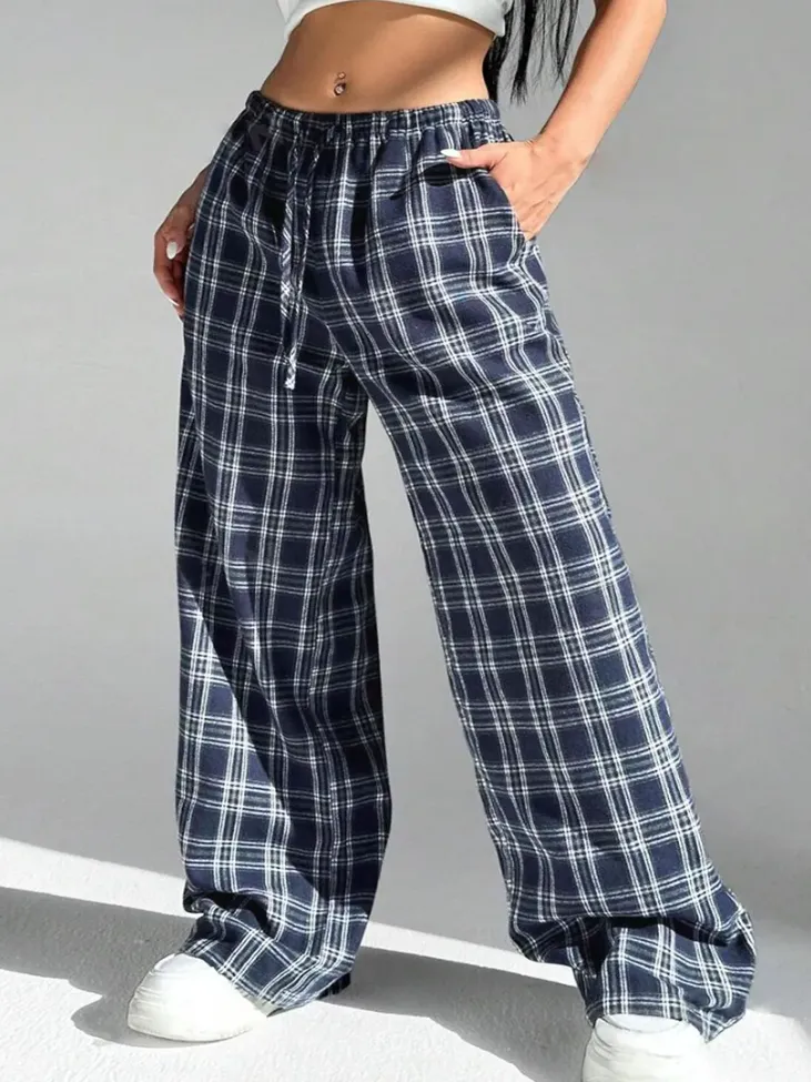 Navy Checks Wide Leg Trousers - Image 1