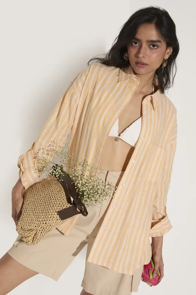 Yellow Stripe Oversized Shirt With Side Pocket - Image 1