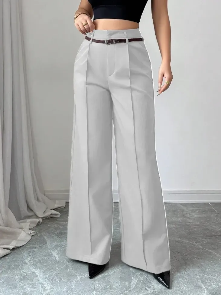 Light Grey Belted Wideleg Pants - Image 1