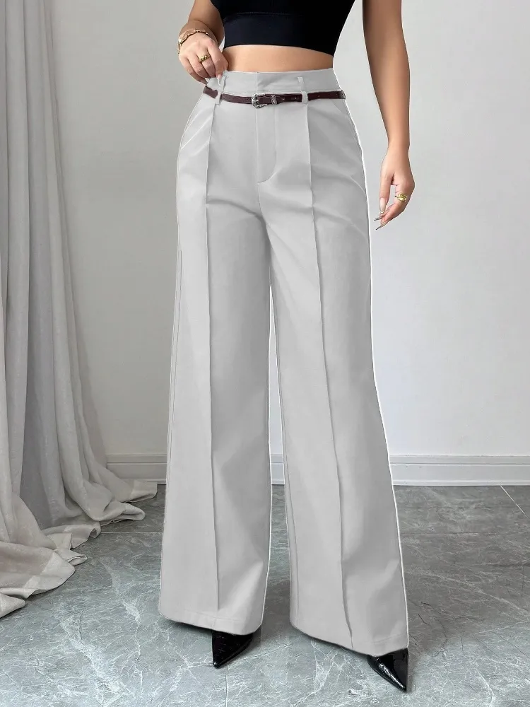 Light Grey Belted Wideleg Pants