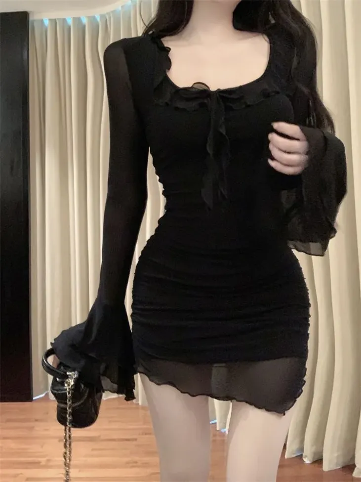 Black Ruffled Bodycon Dress - Image 1
