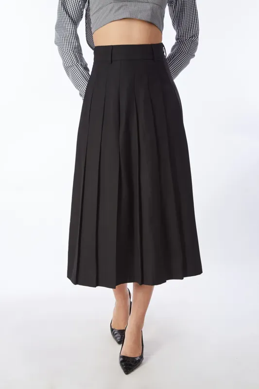 Black Solid Pleated Midi Skirt - NEWME