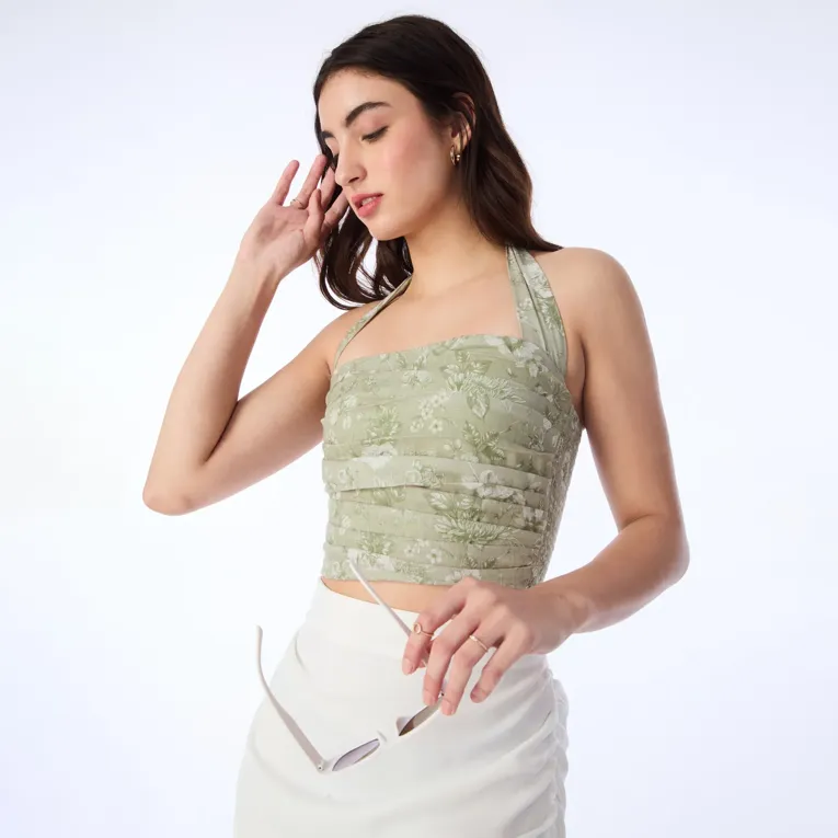 Green Printed Halter Neck Crop Top - Image 1